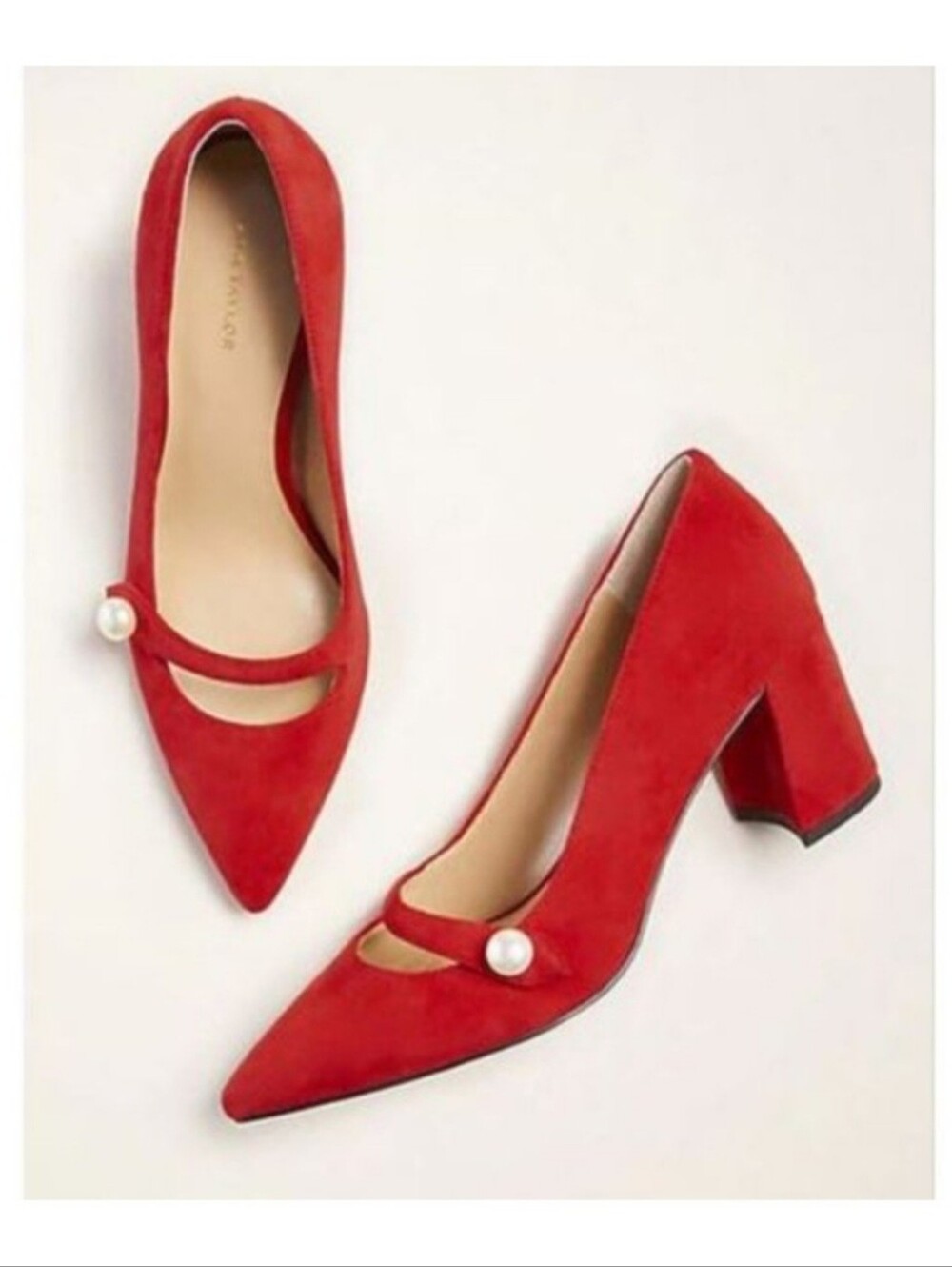 7.5 Pumps Ann Taylor Essie Christmas Red Suede Mary Jane Pointed Toe Heels Shoes